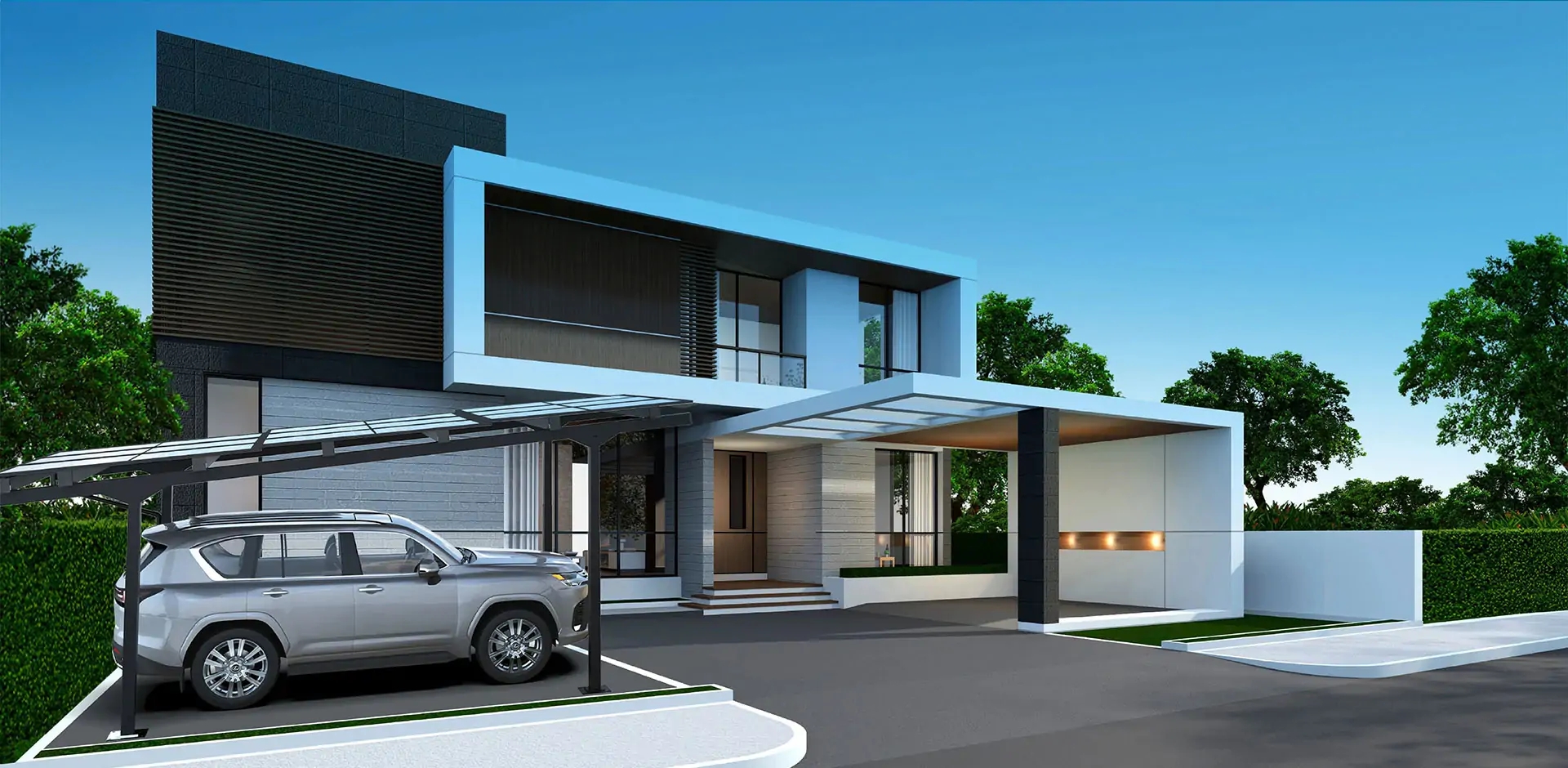 Modern minimalist architectural solar carport at dusk