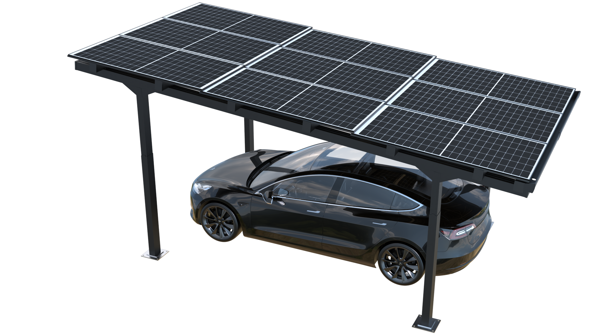 Single bay solar carport with precision mounting hardware